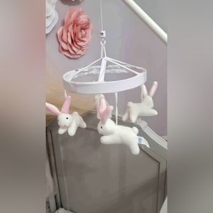 Knit Animal bunny rabbit white pink Musical Baby Crib Mobile & arm- pottery barn